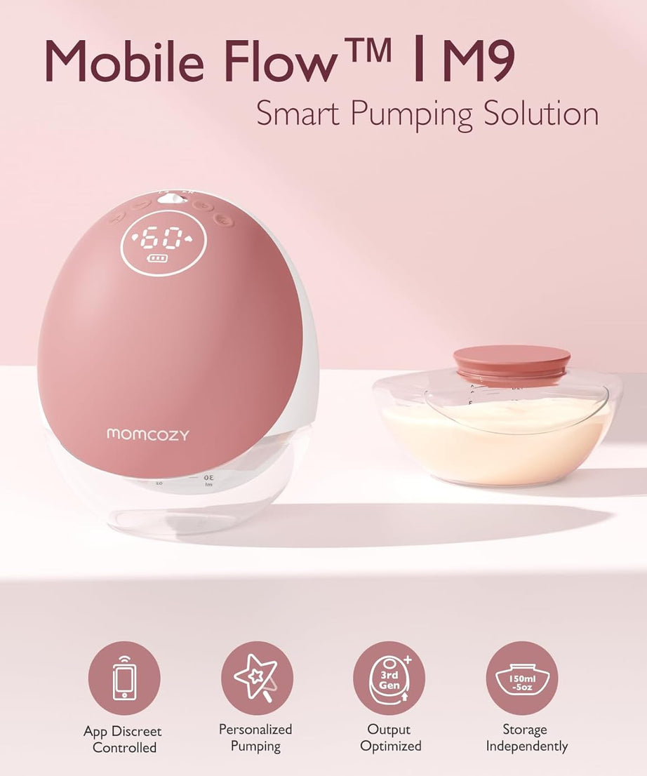Momcozy Mobile Flow Hands-Free Breast Pump - M9 App Controlled Single Pump | Cozy Red | Portable & Wearable Breastfeeding Solution - MINIMEE KIDS