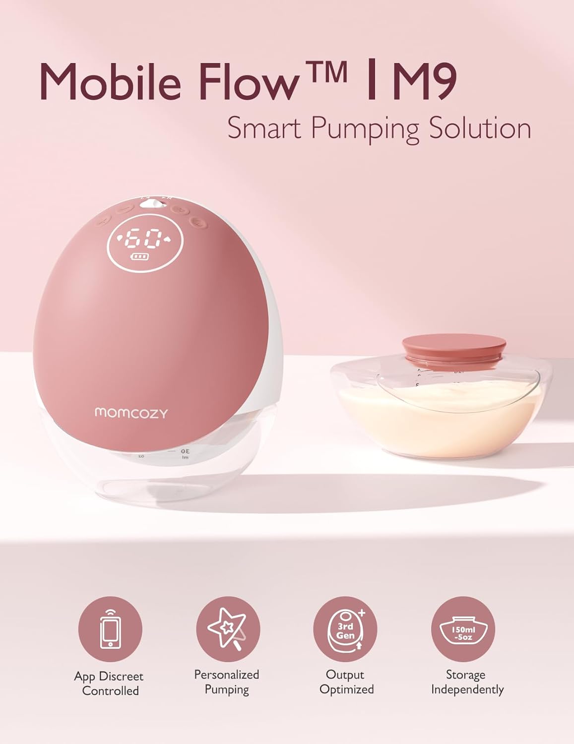 Momcozy Mobile Flow Hands-Free Breast Pump - M9 App Controlled Single Pump | Cozy Red | Portable & Wearable Breastfeeding Solution