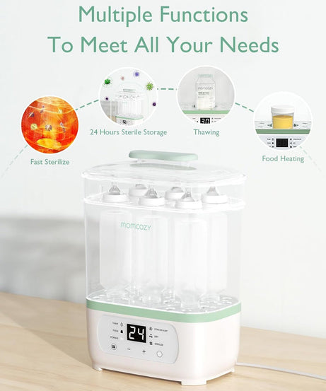Momcozy 6-in-1 Baby Bottle Sterilizer and Dryer (Model BS02) – Electric Steam Sterilizer with 24H Sterile Storage, Large Capacity for 8 Bottles & Breast Pump Parts, Milk Thawing & Baby Food Warmer (BPA-Free) - MINIMEE KIDS