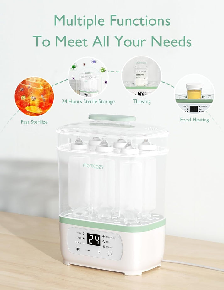 Momcozy 6-in-1 Baby Bottle Sterilizer and Dryer (Model BS02) – Electric Steam Sterilizer with 24H Sterile Storage, Large Capacity for 8 Bottles & Breast Pump Parts, Milk Thawing & Baby Food Warmer (BPA-Free) - MINIMEE KIDS