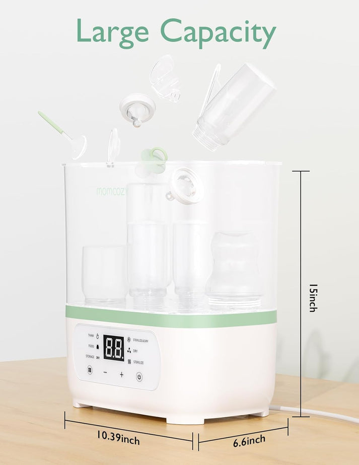 Momcozy 6-in-1 Baby Bottle Sterilizer and Dryer (Model BS02) – Electric Steam Sterilizer with 24H Sterile Storage, Large Capacity for 8 Bottles & Breast Pump Parts, Milk Thawing & Baby Food Warmer (BPA-Free) - MINIMEE KIDS