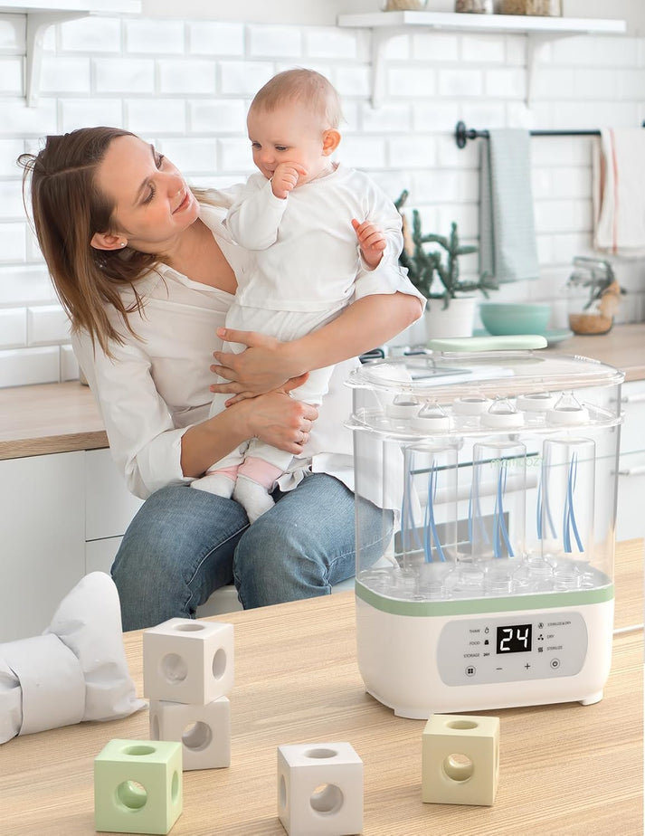 Momcozy 6-in-1 Baby Bottle Sterilizer and Dryer (Model BS02) – Electric Steam Sterilizer with 24H Sterile Storage, Large Capacity for 8 Bottles & Breast Pump Parts, Milk Thawing & Baby Food Warmer (BPA-Free) - MINIMEE KIDS