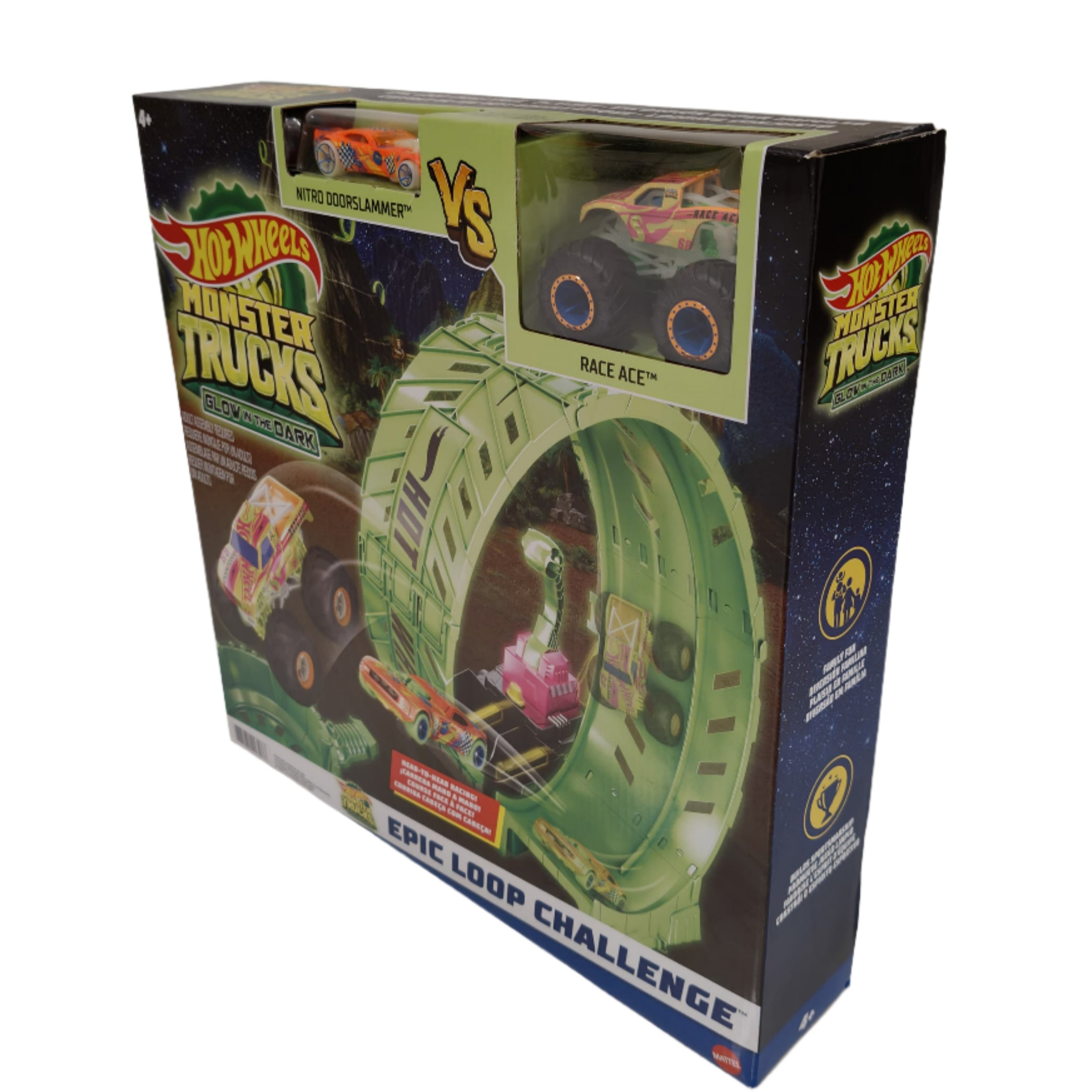 Hot Wheels Monster Trucks Glow in the Dark - Epic Loop Challenge Playset 1 Race car vs 1 monster car Playset with Launcher, Ramp & Giant Loop