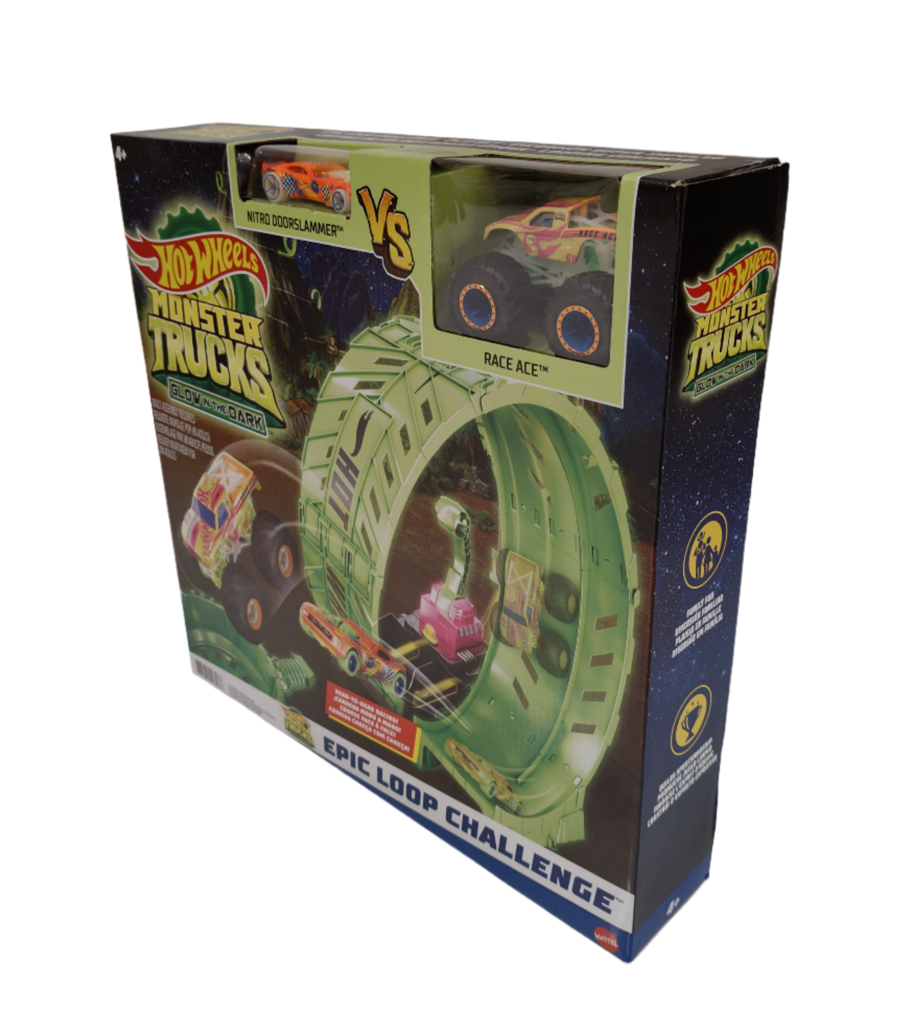 Hot Wheels Monster Trucks Glow in the Dark - Epic Loop Challenge Playset 1 Race car vs 1 monster car Playset with Launcher, Ramp & Giant Loop