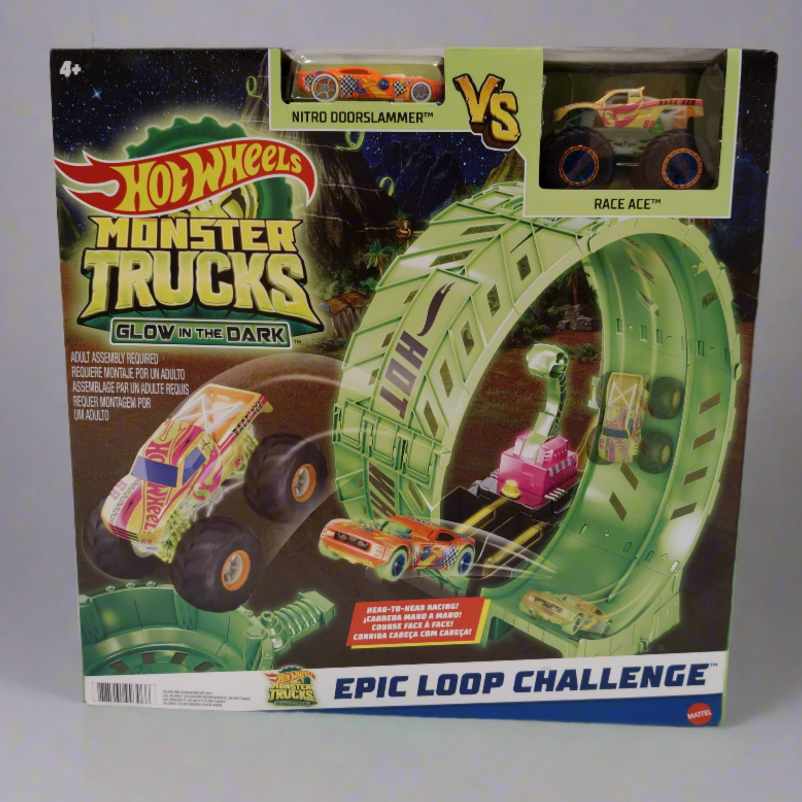 Hot Wheels Monster Trucks Glow in the Dark - Epic Loop Challenge Playset 1 Race car vs 1 monster car Playset with Launcher, Ramp & Giant Loop