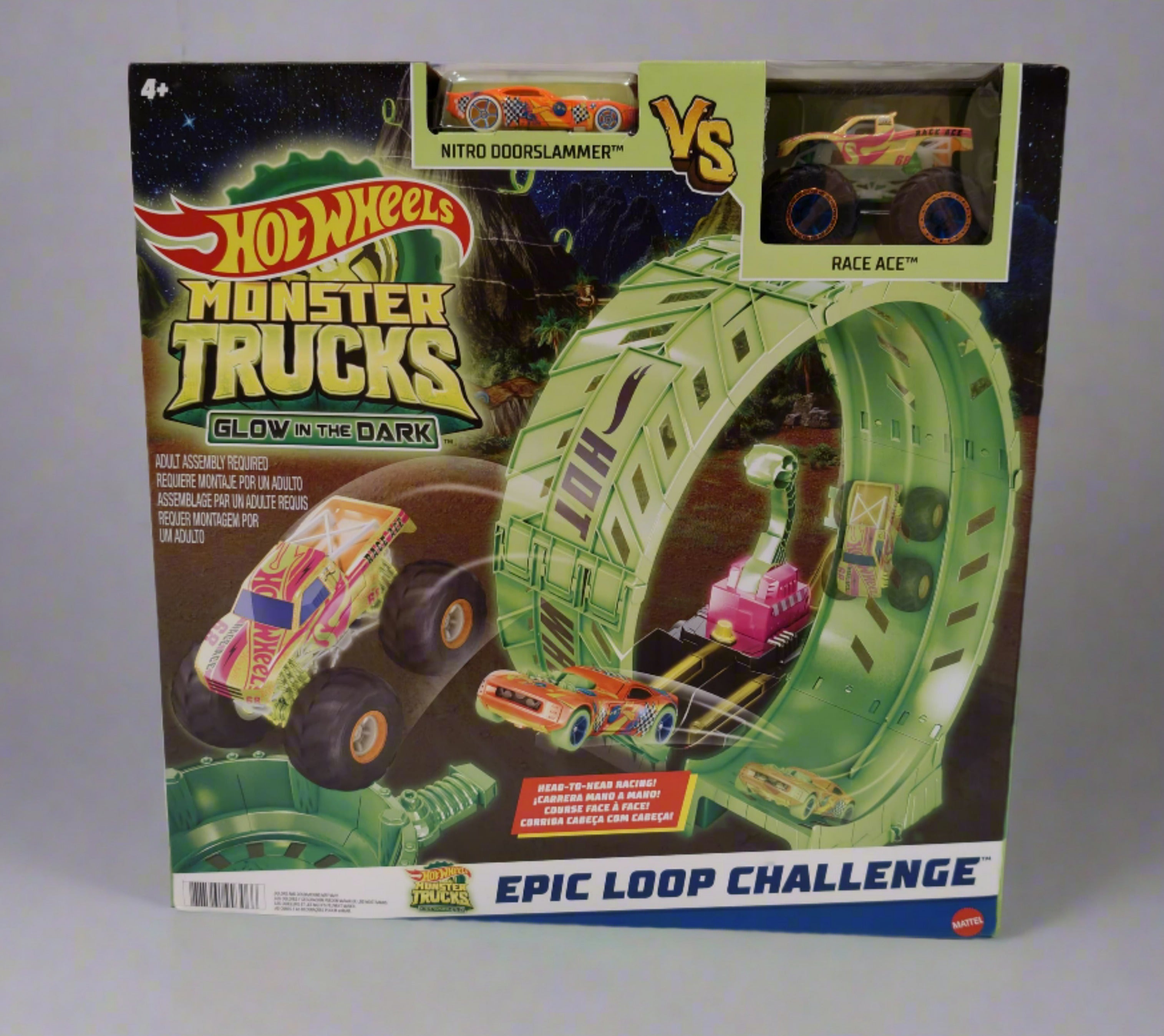 Hot Wheels Monster Trucks Glow in the Dark - Epic Loop Challenge Playset 1 Race car vs 1 monster car Playset with Launcher, Ramp & Giant Loop