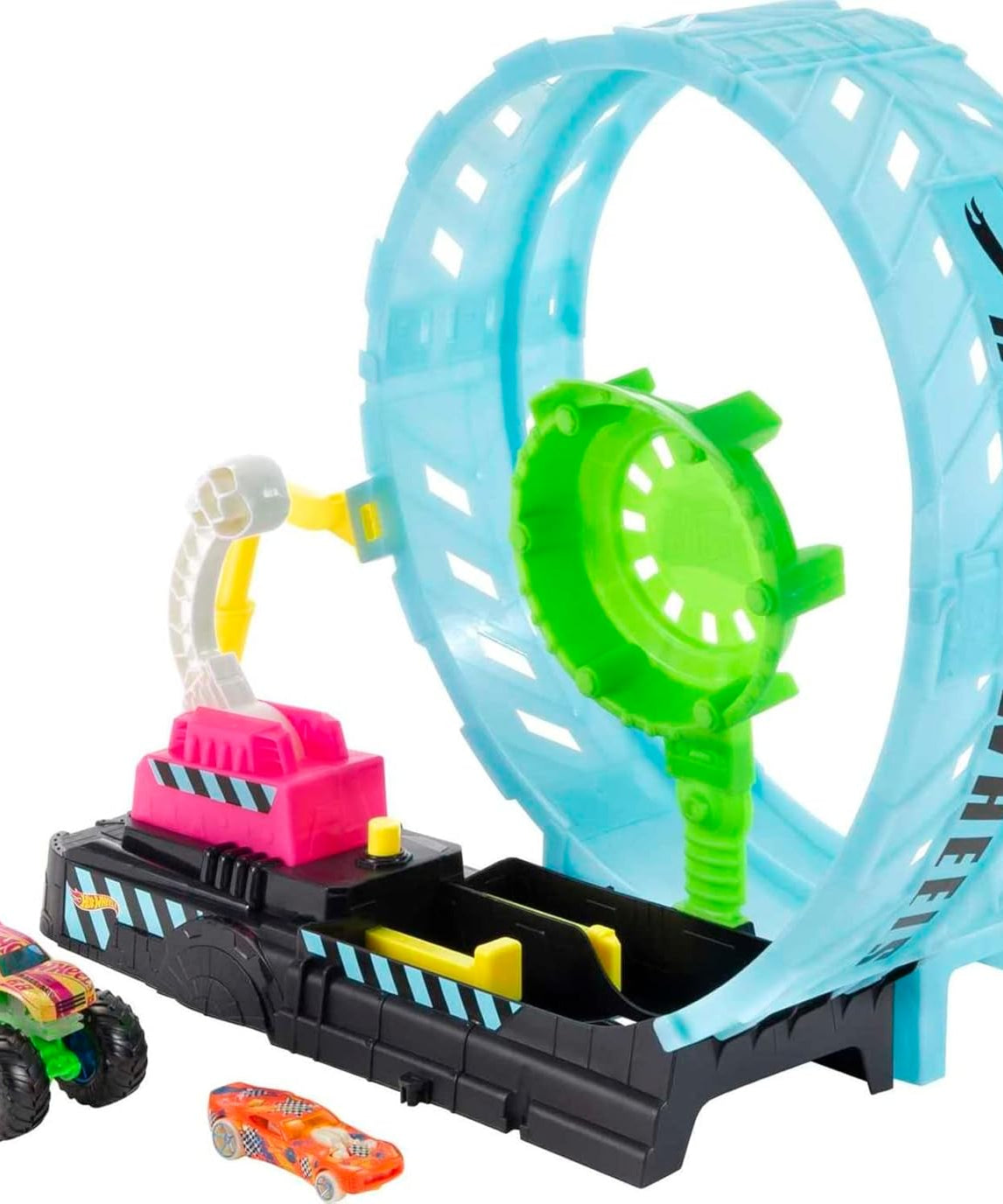 Hot Wheels Monster Trucks Glow in the Dark - Epic Loop Challenge Playset 1 Race car vs 1 monster car Playset with Launcher, Ramp & Giant Loop