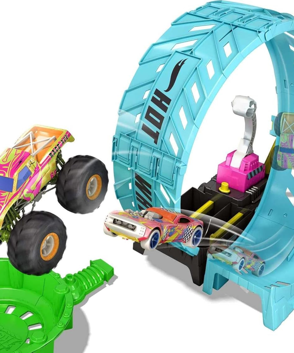 Hot Wheels Monster Trucks Glow in the Dark - Epic Loop Challenge Playset 1 Race car vs 1 monster car Playset with Launcher, Ramp & Giant Loop