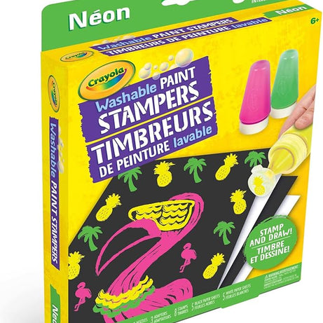 Crayola Washable Paint Stampers Set for Kids – 8 Interchangeable Neon Stamp Designs, 3 Washable Paint Bottles, Nozzles & Paper Sheets | Easy-Clean, Mess-Free Painting Activity Kit for Ages 7+