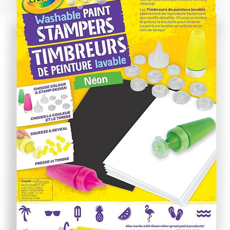 Crayola Washable Paint Stampers Set for Kids – 8 Interchangeable Neon Stamp Designs, 3 Washable Paint Bottles, Nozzles & Paper Sheets | Easy-Clean, Mess-Free Painting Activity Kit for Ages 7+