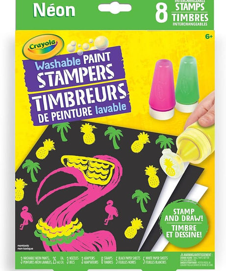 Crayola Washable Paint Stampers Set for Kids – 8 Interchangeable Neon Stamp Designs, 3 Washable Paint Bottles, Nozzles & Paper Sheets | Easy-Clean, Mess-Free Painting Activity Kit for Ages 7+