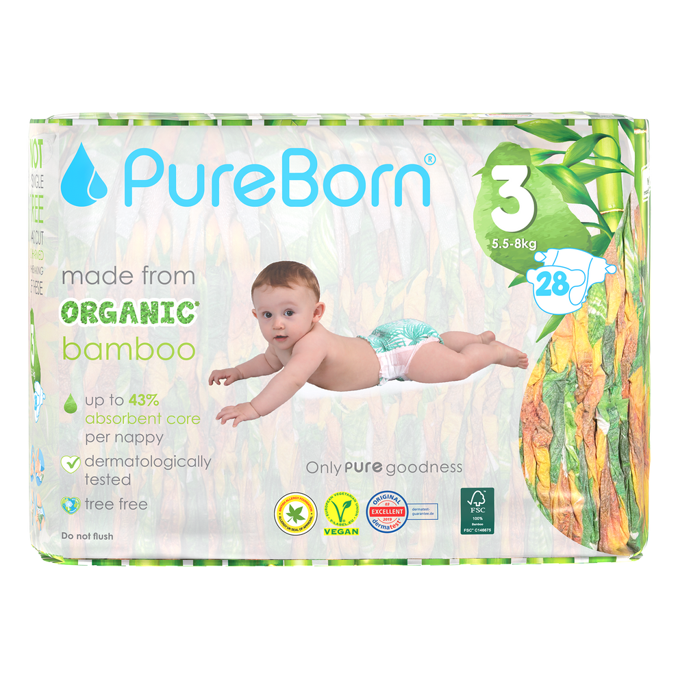 PureBorn Organic Bamboo Baby Diapers Size 3 (5.5–8 kg) | 28 pcs | Ultra Soft & Eco-Friendly Nappies with Wetness Indicator & Maximum Absorbency