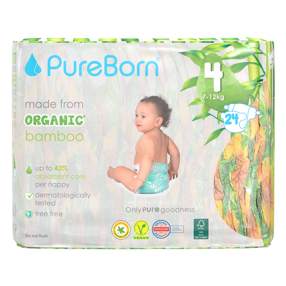 PureBorn Organic Bamboo Baby Diapers Size 4 (7–12 kg) | 24 pcs | Ultra Soft Eco-Conscious Nappies with Wetness Indicator | Dermatologically Tested & Vegan