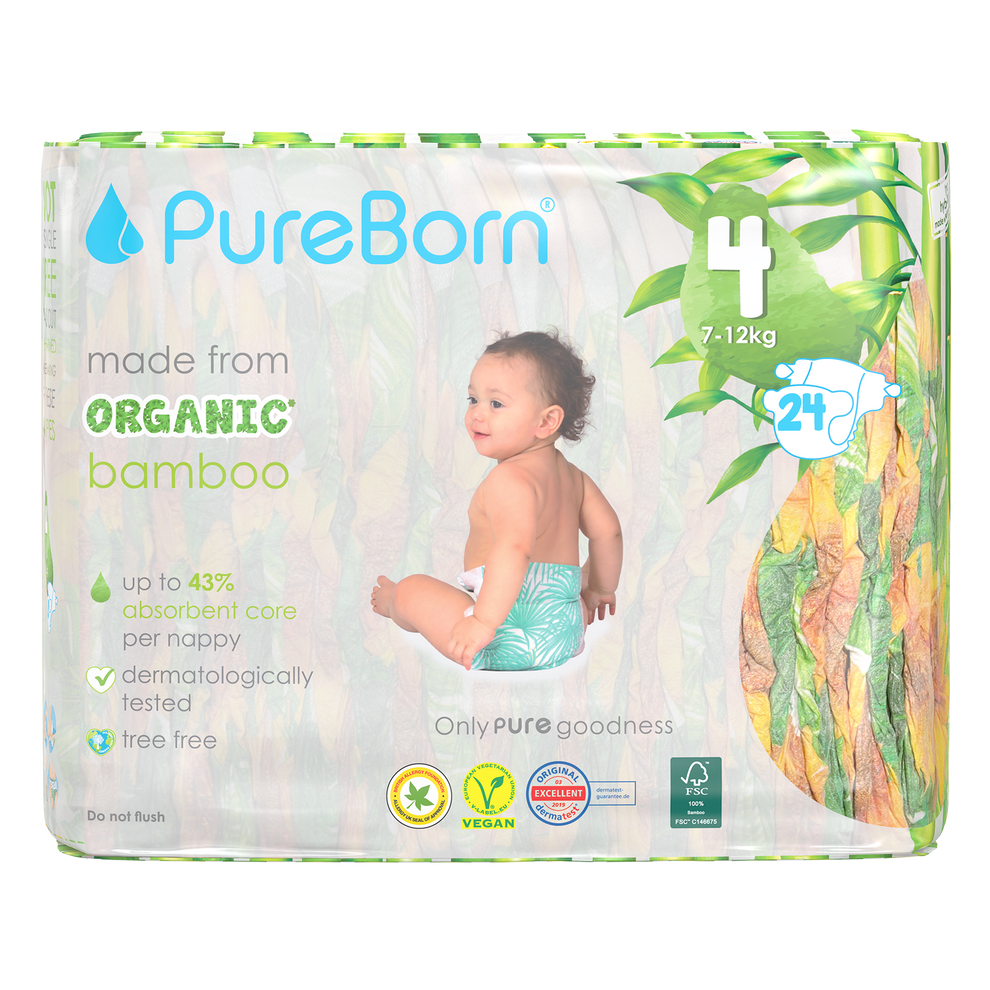 PureBorn Organic Bamboo Baby Diapers Size 4 (7–12 kg) | 24 pcs | Ultra Soft Eco-Conscious Nappies with Wetness Indicator | Dermatologically Tested & Vegan