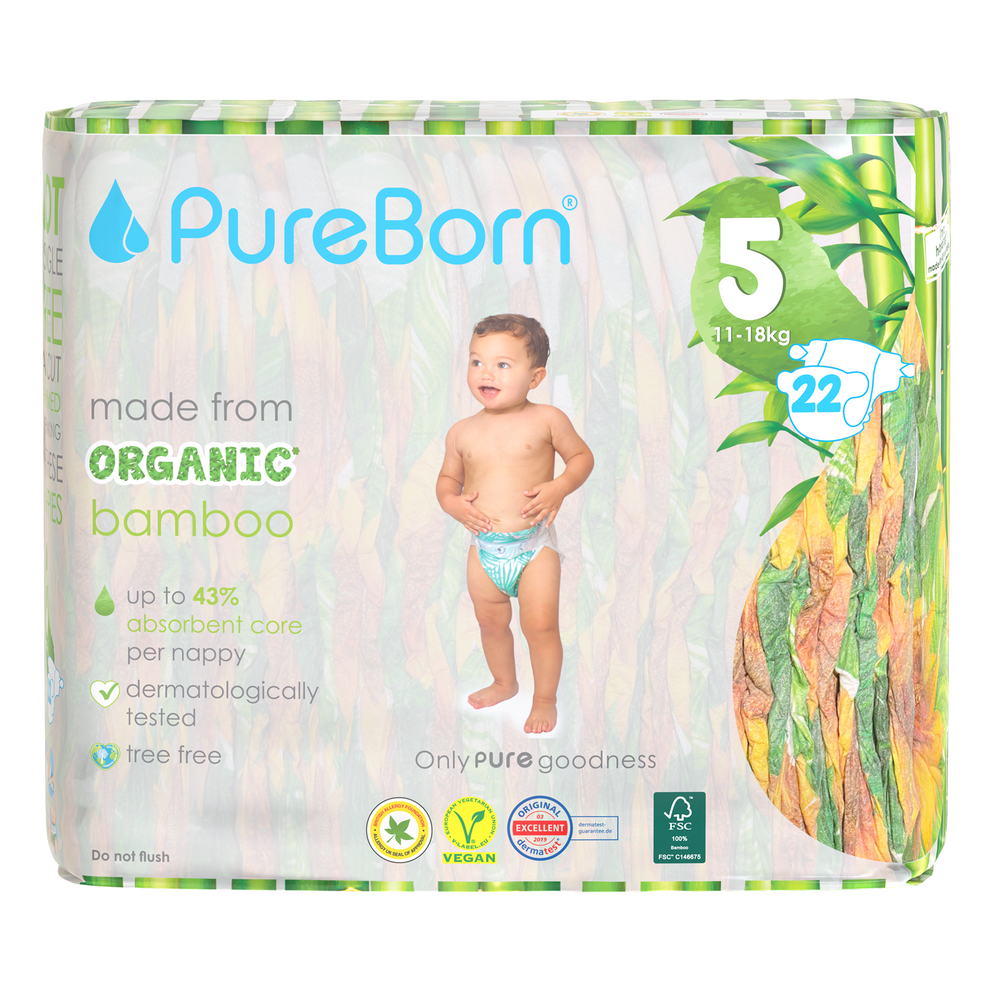 PureBorn Organic Bamboo Baby Diapers Size 5 (11–18 kg) | 22 pcs | Dermatologically Tested, Ultra Soft & Eco-Friendly Nappies for Sensitive Skin