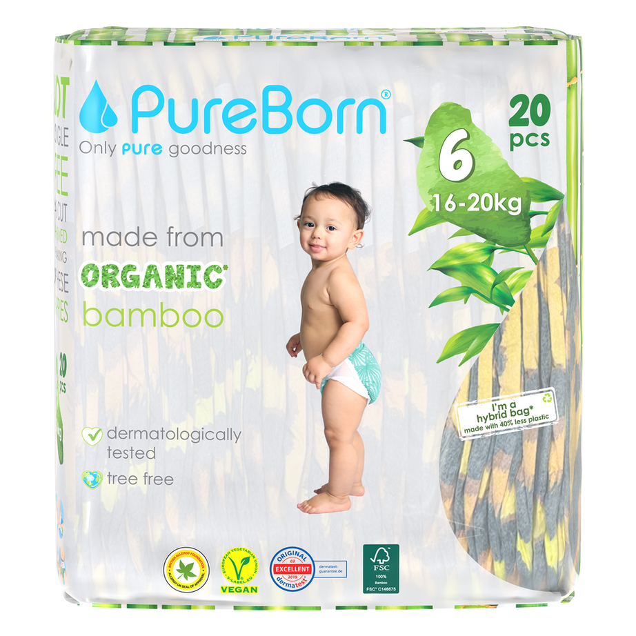 PureBorn Organic Bamboo Diapers Size 6 (16–20 kg) – 20 Pcs | Ultra Soft, Hypoallergenic, Eco-Friendly Disposable Nappies with Wetness Indicator | Dermatologically Tested & Extra Absorbent
