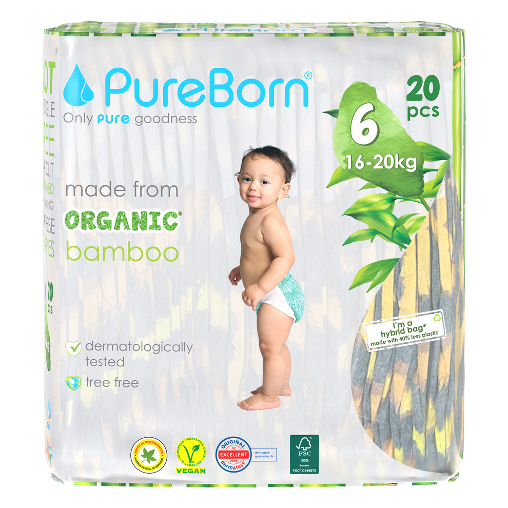 PureBorn Organic Bamboo Diapers Size 6 (16–20 kg) – 20 Pcs | Ultra Soft, Hypoallergenic, Eco-Friendly Disposable Nappies with Wetness Indicator | Dermatologically Tested & Extra Absorbent