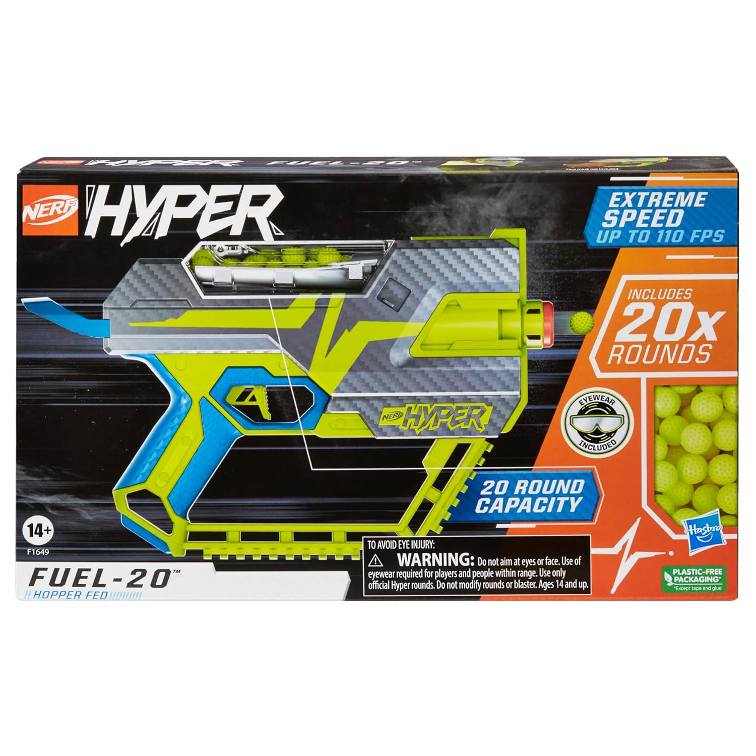 Nerf Hyper Fuel-20 Blaster | 20 Hyper Rounds | Up to 110 FPS Velocity | Includes Eyewear for Ages 14+