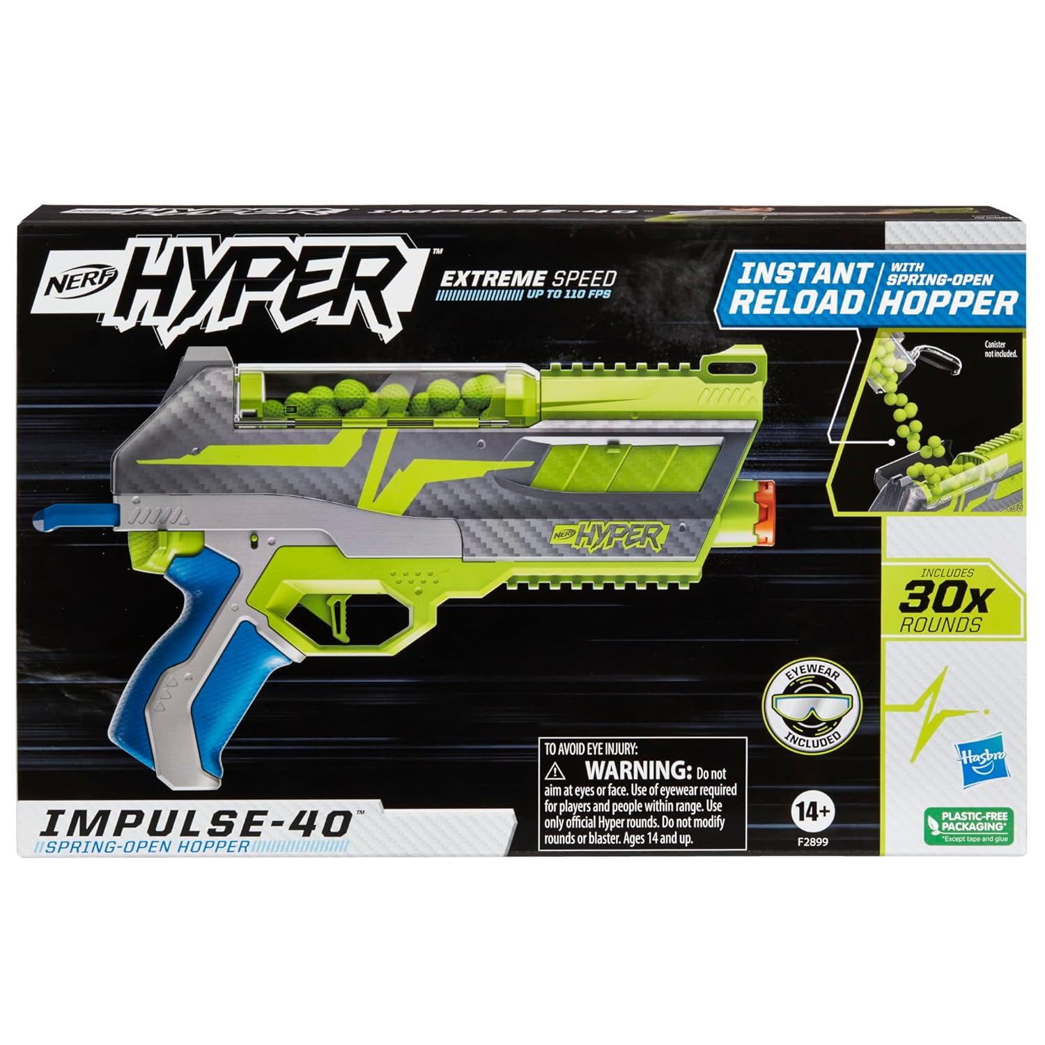 Nerf Hyper Impulse-40 Blaster with Spring-Open Instant Reload Hopper | Up to 110 FPS Velocity | Includes 30 Nerf Hyper Rounds & Eyewear for Ages 14+