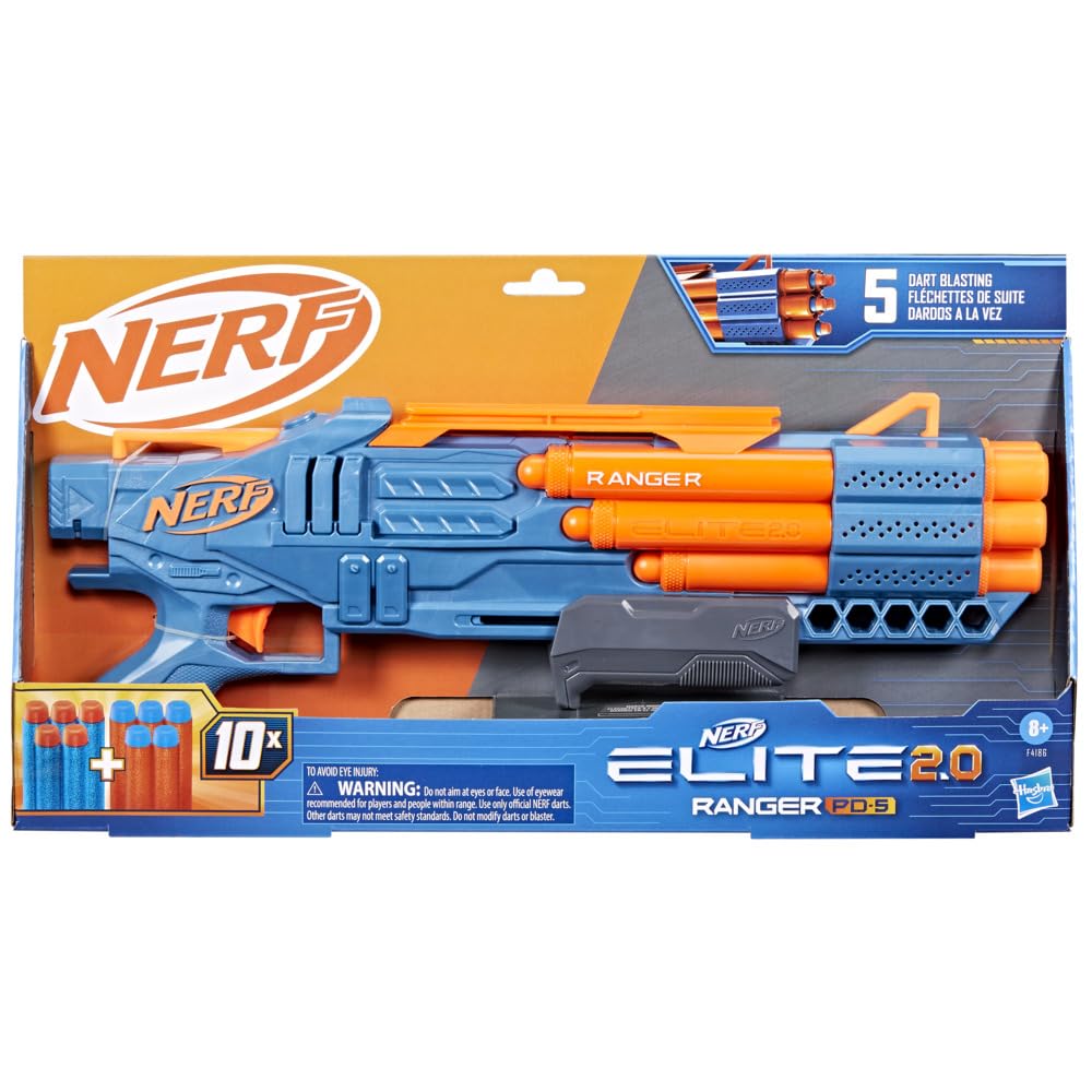 Nerf Elite 2.0 Ranger PD-5 Blaster | 5 Barrel Blasting, 10 Elite Darts | Pump Action Foam Dart Blaster for Ages 8+ Years