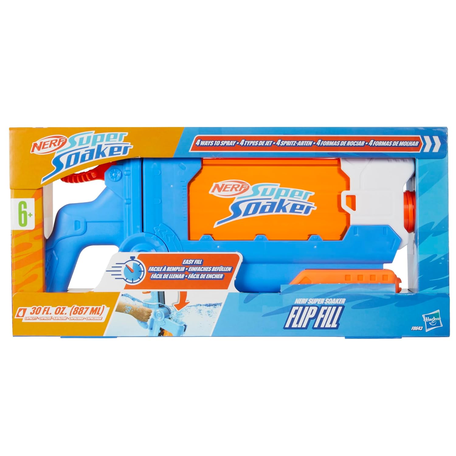 Nerf Super Soaker Flip Fill Water Blaster - 4 Spray Styles - 887 ml Water Tank for Outdoor Water Games for Kids 6+ Years