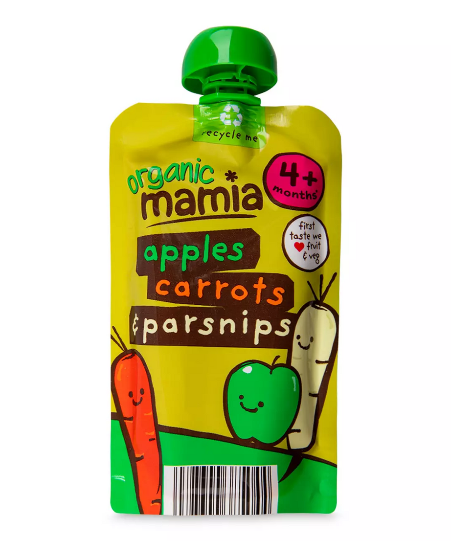Aldi Organic Mamia Apples, Carrots & Parsnips Baby Food Puree Pouch (120g) – Stage 1 First Taste Weaning for Babies 4+ Months, 100% Certified Organic Fruit & Veg, No Added Sugar or Salt