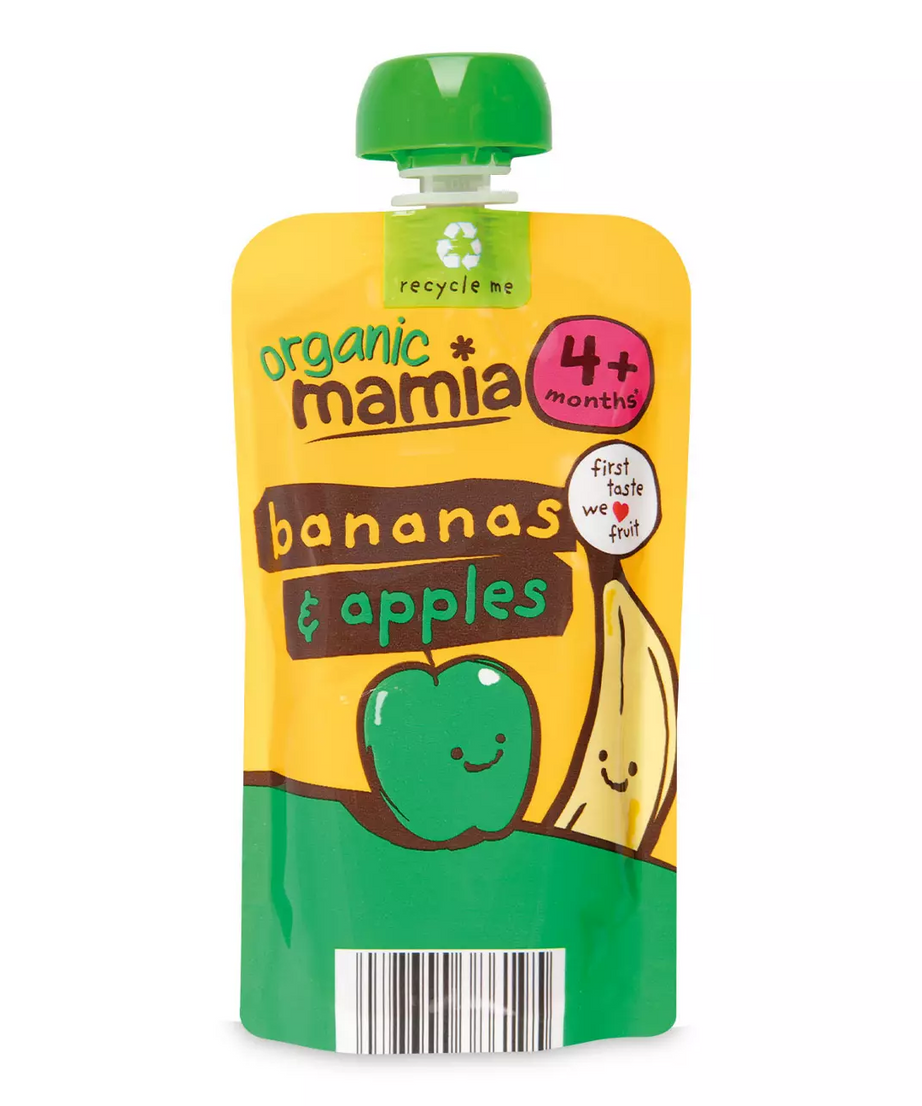 Aldi Organic Mamia Bananas & Apples Baby Food Puree Pouch (120g) – Stage 1 First Taste Weaning for Babies 4+ Months | No Added Sugar, Water, or Thickeners, Smooth Gluten-Free Blend