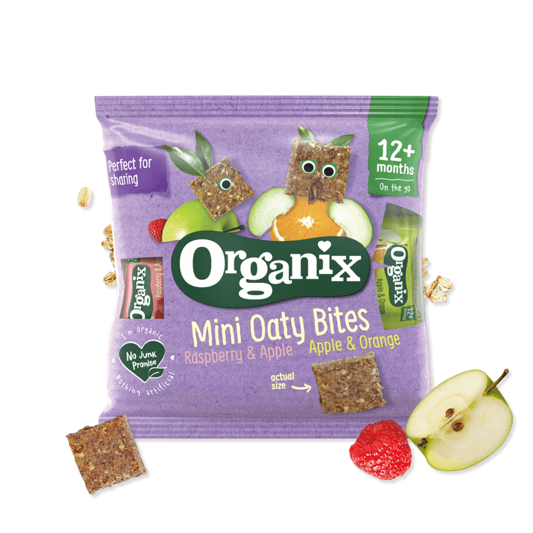 Organix Mini Oaty Bites - Raspberry & Apple and Apple & Orange (Bag of 10g Bites) | 100% Organic Wholegrain Toddler Snacks for 12 Months+ | High Fibre, Vegan & No Junk Promise - MINIMEE KIDS