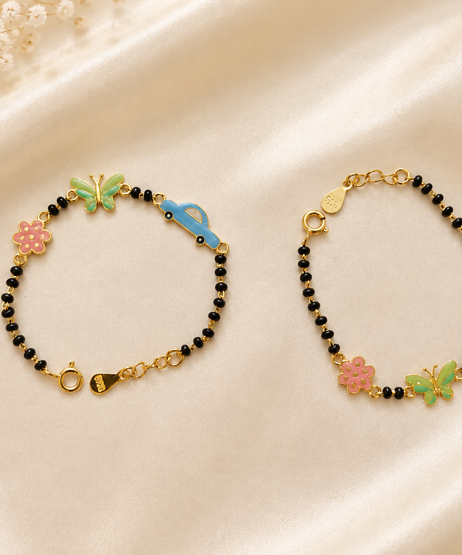 Playful Enamel Nazariya Bracelet for Kids - Gold Plated 925 Sterling Silver with Butterfly, Car & Flower Charms