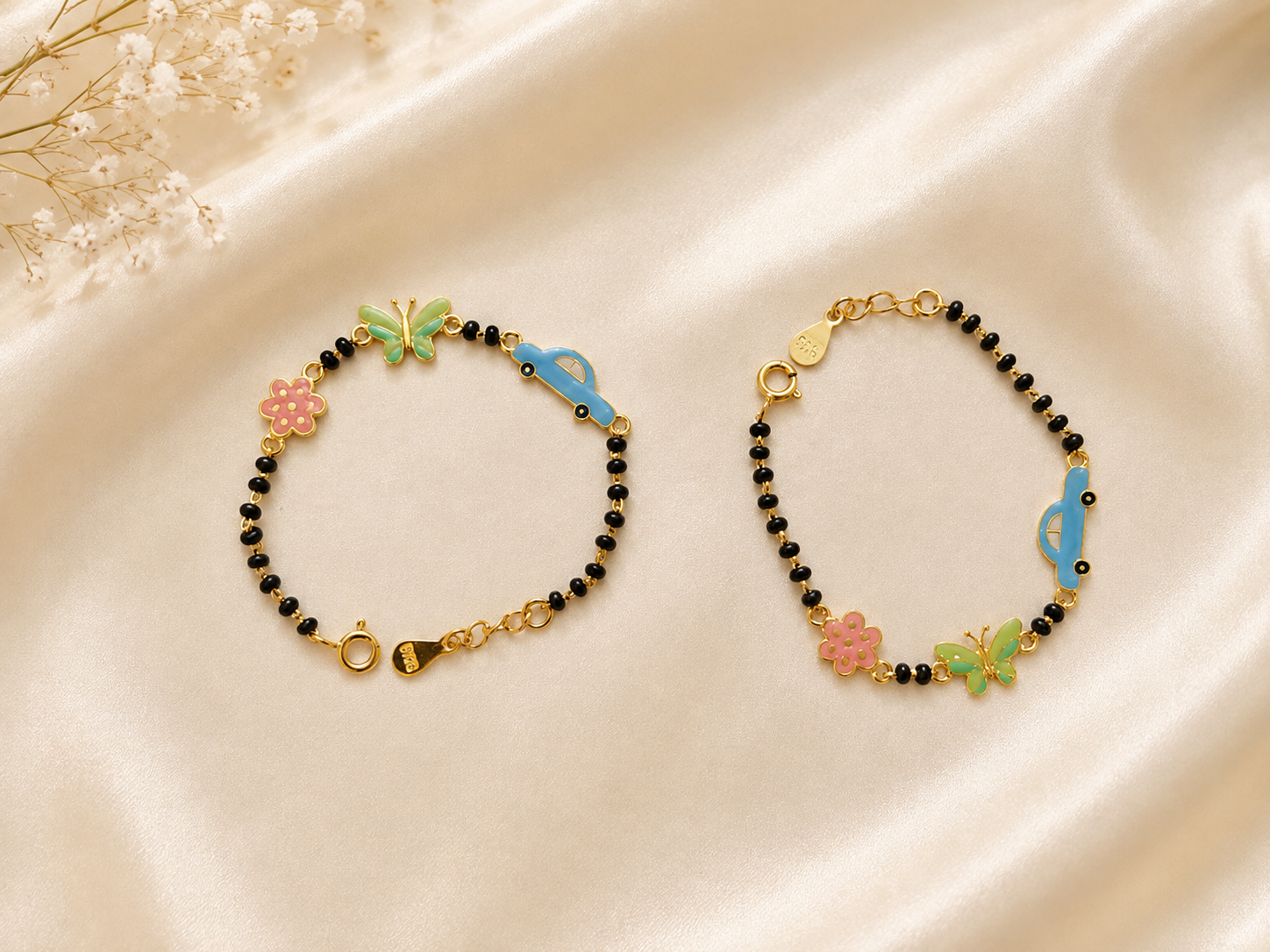 Playful Enamel Nazariya Bracelet for Kids - Gold Plated 925 Sterling Silver with Butterfly, Car & Flower Charms