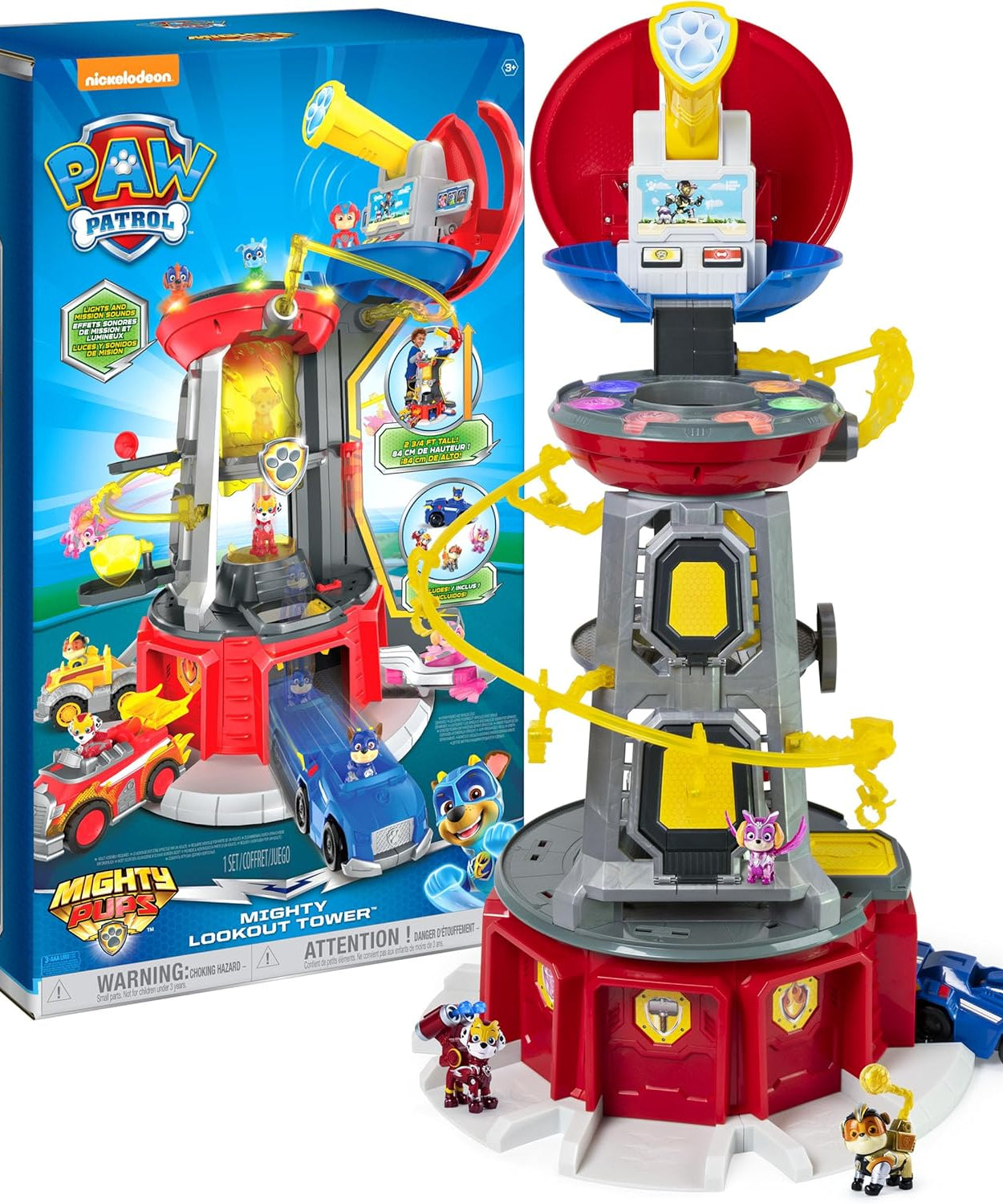 PAW Patrol Mighty Lookout Tower - Mighty Pups Super PAWs with Working Elevator, Lights, Sounds & Zip Line – Includes Chase Figure & Vehicle, Gift for Kids Ages 3+