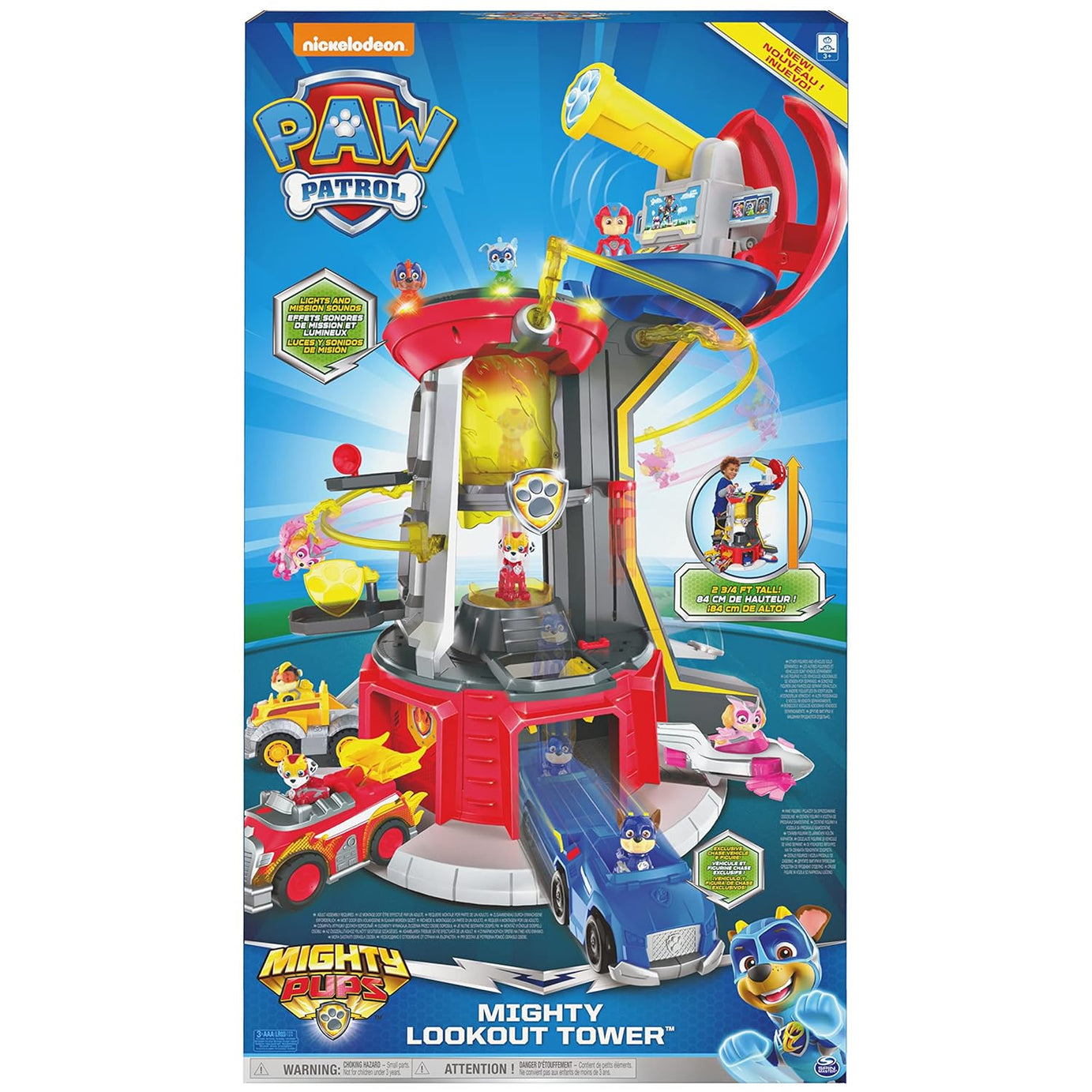 PAW Patrol Mighty Lookout Tower - Mighty Pups Super PAWs with Working Elevator, Lights, Sounds & Zip Line – Includes Chase Figure & Vehicle, Gift for Kids Ages 3+