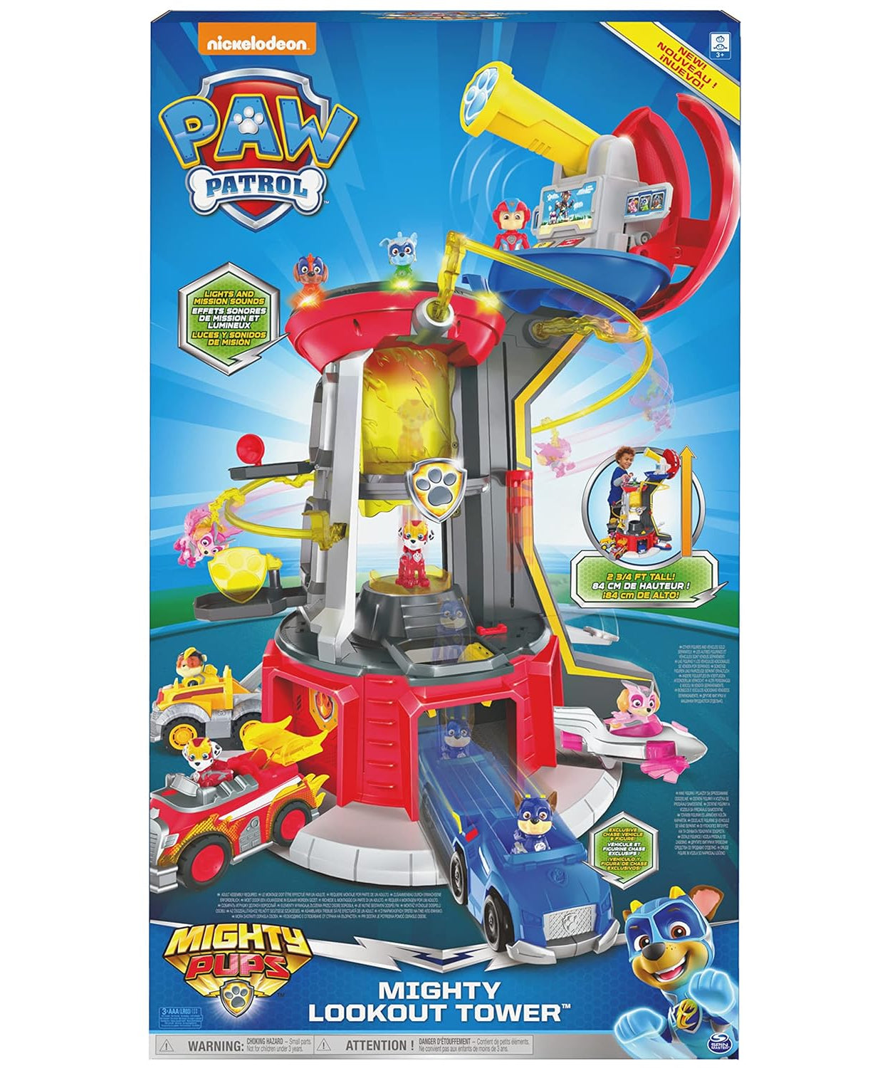 PAW Patrol Mighty Lookout Tower - Mighty Pups Super PAWs with Working Elevator, Lights, Sounds & Zip Line – Includes Chase Figure & Vehicle, Gift for Kids Ages 3+