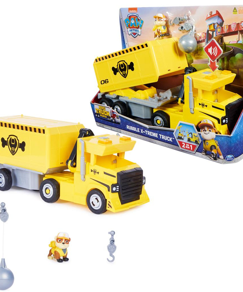 PAW Patrol Rubble 2-in-1 Transforming X-Treme Truck with Excavator Toy, Crane, Lights & Sounds, Action Figures – for Kids Ages 3 and Up