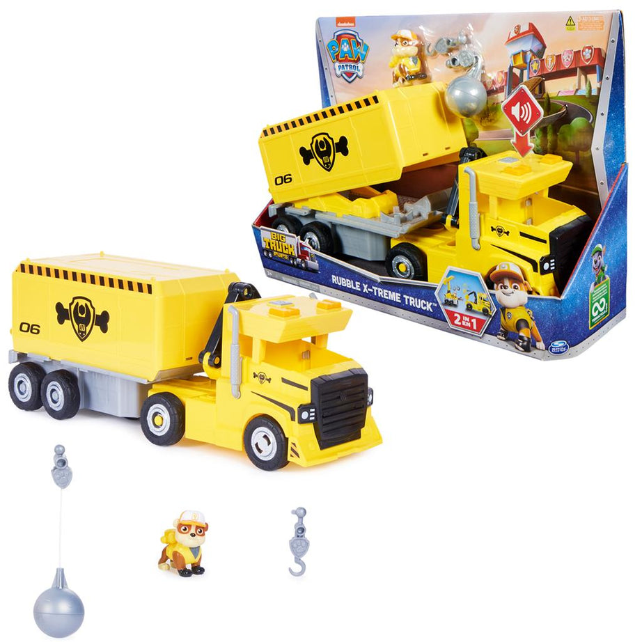 PAW Patrol Rubble 2-in-1 Transforming X-Treme Truck with Excavator Toy, Crane, Lights & Sounds, Action Figures – for Kids Ages 3 and Up