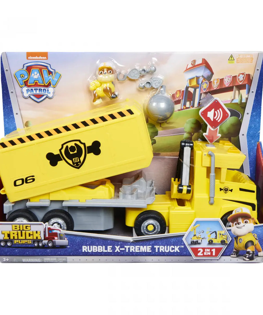 PAW Patrol Rubble 2-in-1 Transforming X-Treme Truck with Excavator Toy, Crane, Lights & Sounds, Action Figures – for Kids Ages 3 and Up