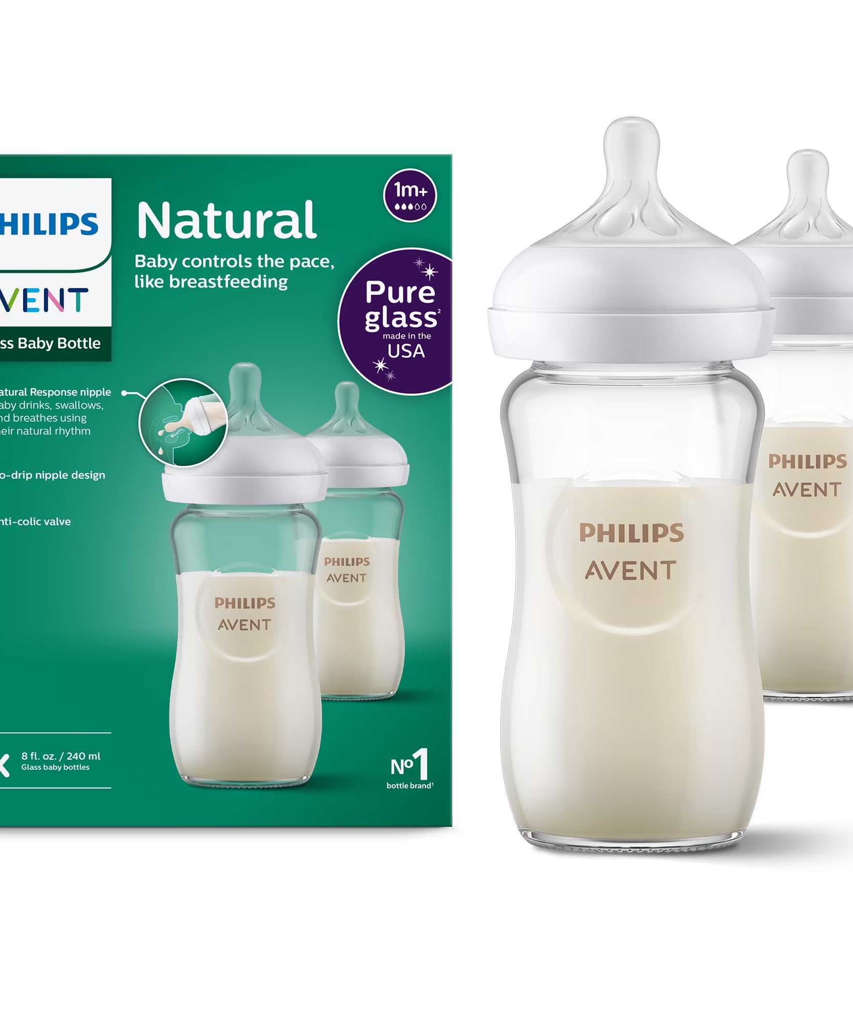 Philips Avent Natural Response Glass Baby Bottle Pack of 2 - 240ml SCY913/02 | Glass Feeding Bottle for Babies 1+ Months | Natural Response Nipple | Anti-Colic Valve | Heat & Thermal Shock Resistant | Breastfeeding and Bottle Feeding Combination