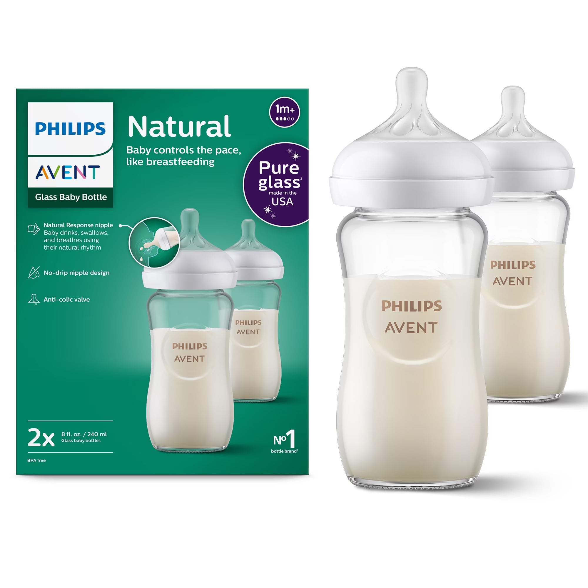 Philips Avent Natural Response Glass Baby Bottle Pack of 2 - 240ml SCY913/02 | Glass Feeding Bottle for Babies 1+ Months | Natural Response Nipple | Anti-Colic Valve | Heat & Thermal Shock Resistant | Breastfeeding and Bottle Feeding Combination