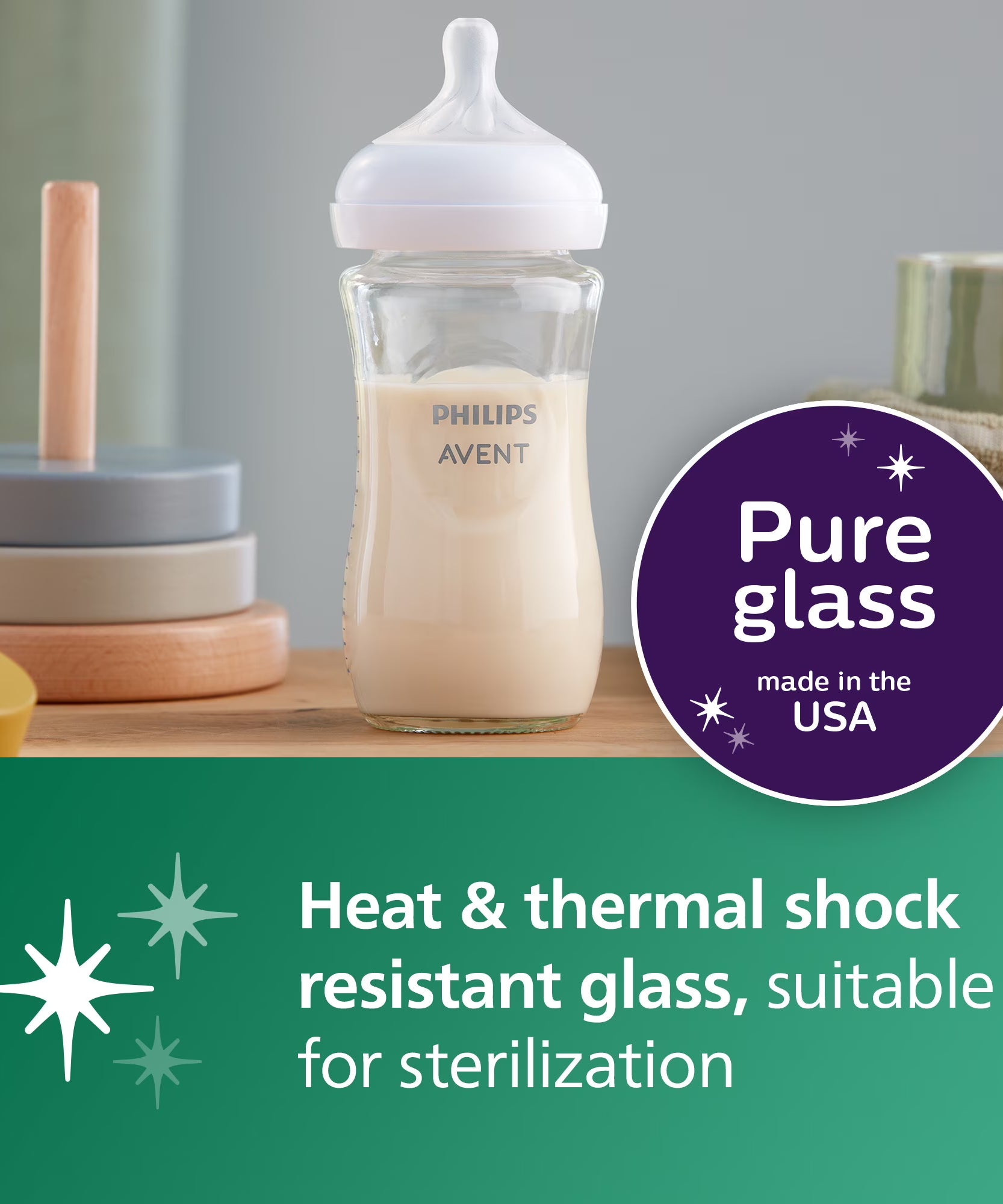 Philips Avent Natural Response Glass Baby Bottle Pack of 2 - 240ml SCY913/02 | Glass Feeding Bottle for Babies 1+ Months | Natural Response Nipple | Anti-Colic Valve | Heat & Thermal Shock Resistant | Breastfeeding and Bottle Feeding Combination