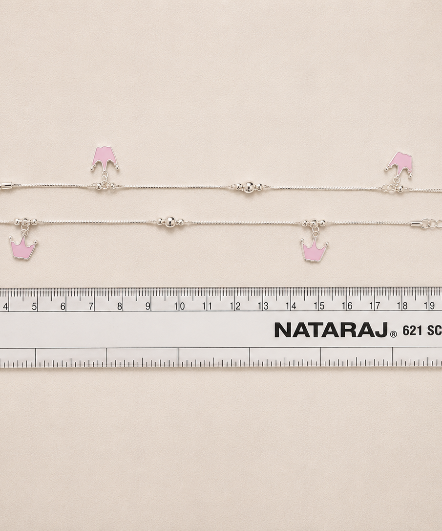 Pink Crown Enamel 925 Sterling Silver Baby Anklets | Handcrafted Adjustable Payal for Infants & Toddlers | Set of 2 | minimee kids