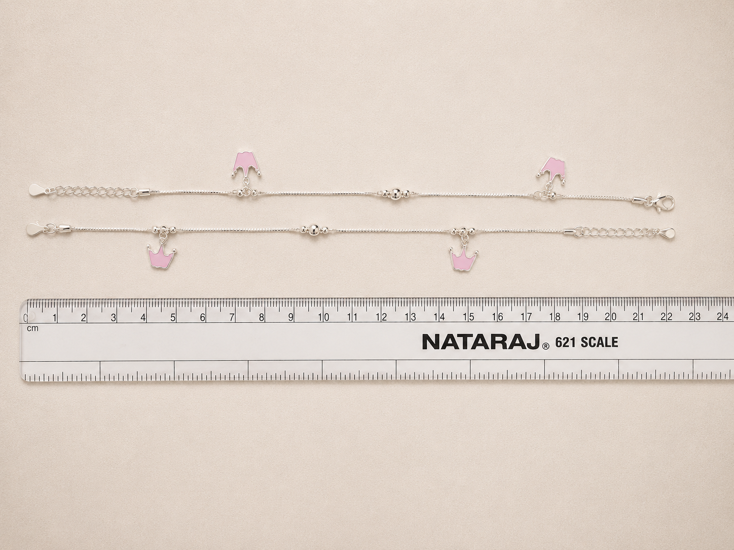 Pink Crown Enamel 925 Sterling Silver Baby Anklets | Handcrafted Adjustable Payal for Infants & Toddlers | Set of 2 | minimee kids