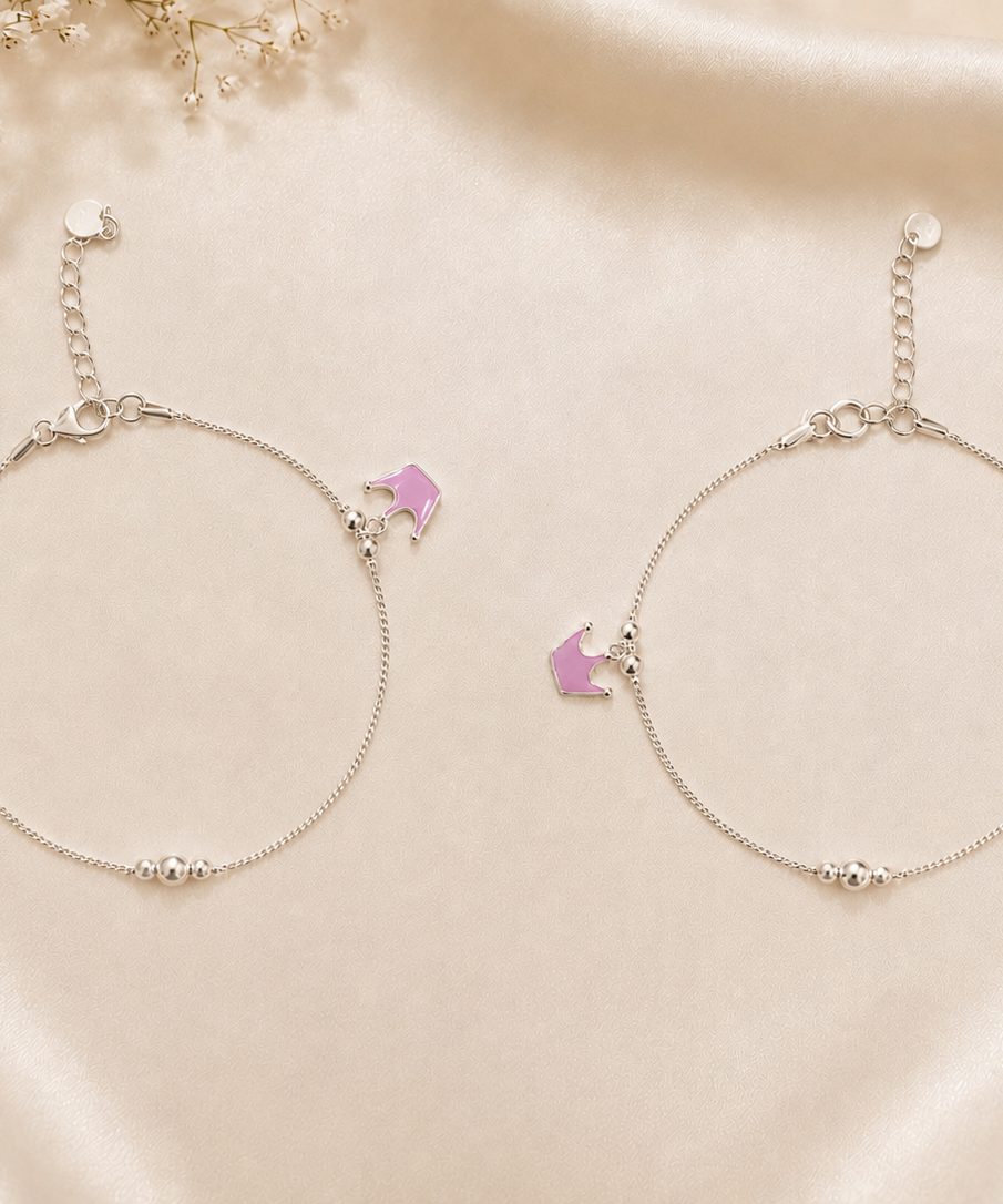 Pink Crown Enamel 925 Sterling Silver Baby Anklets | Handcrafted Adjustable Payal for Infants & Toddlers | Set of 2 | minimee kids