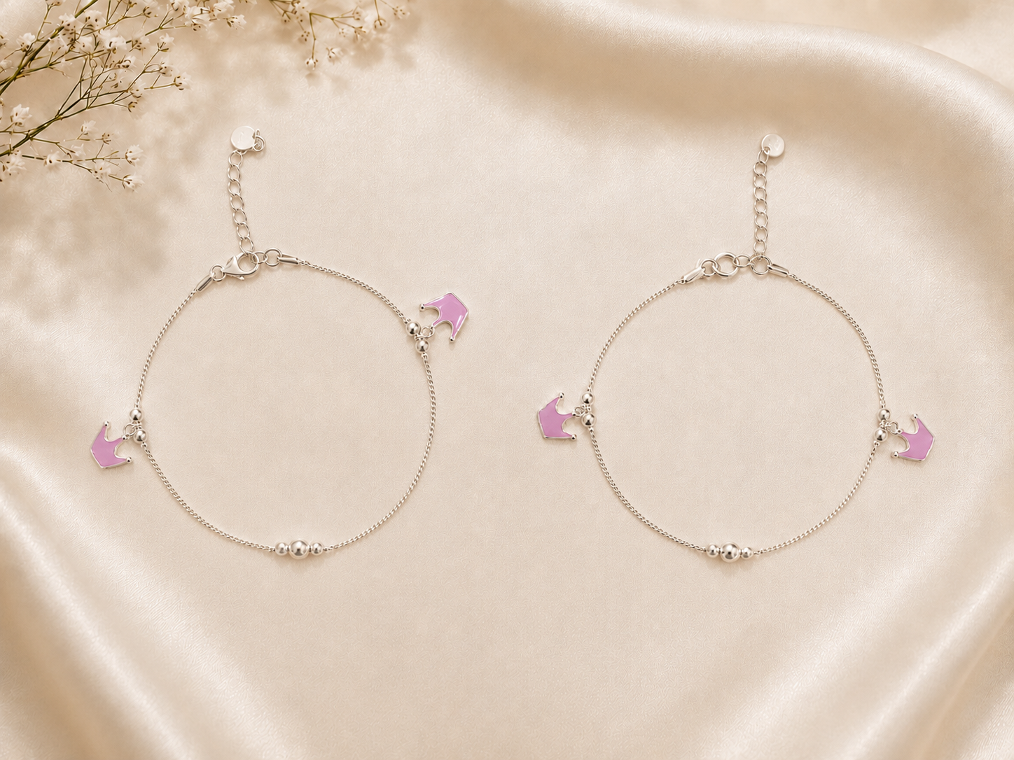 Pink Crown Enamel 925 Sterling Silver Baby Anklets | Handcrafted Adjustable Payal for Infants & Toddlers | Set of 2 | minimee kids
