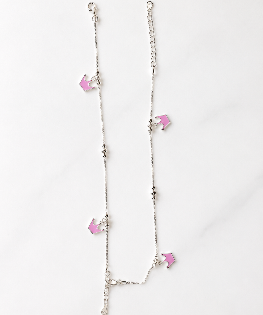 Pink Crown Enamel 925 Sterling Silver Baby Anklets | Handcrafted Adjustable Payal for Infants & Toddlers | Set of 2 | minimee kids