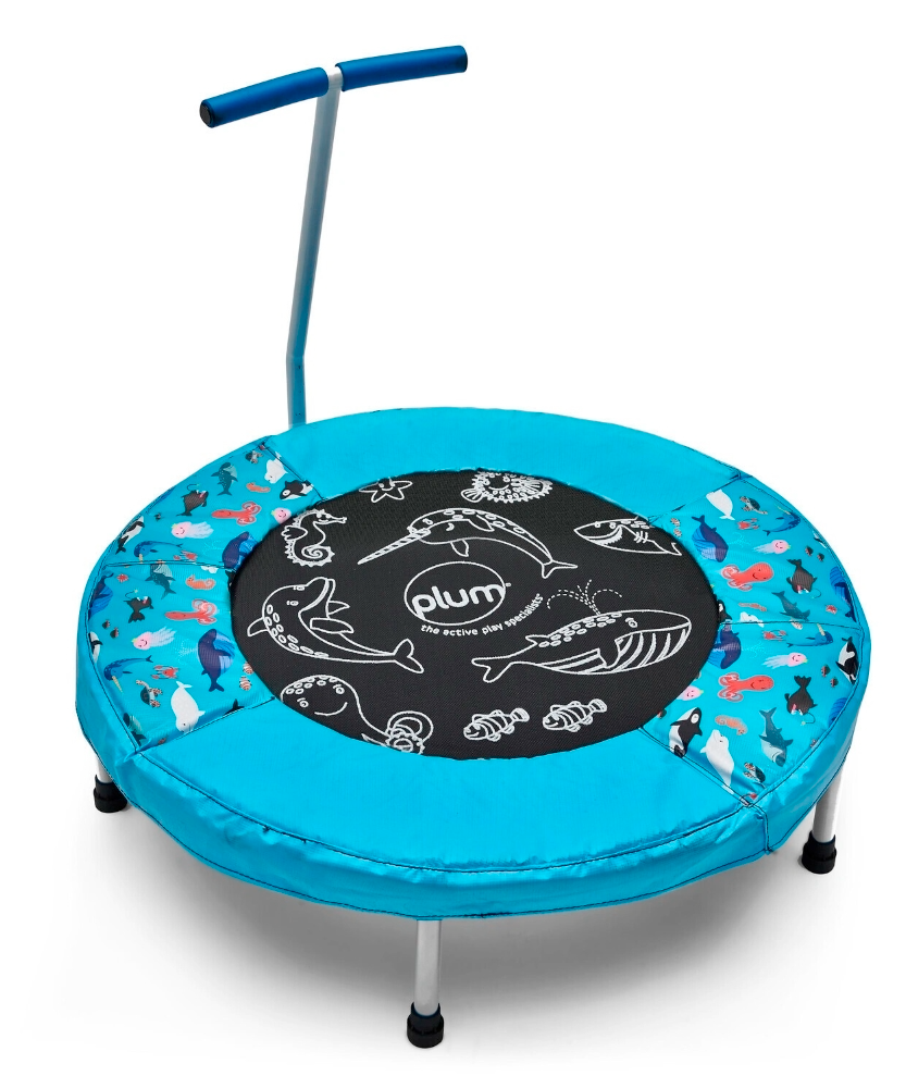 Plum Junior Ocean Bouncer Trampoline with Ocean-Themed Sounds – Safe Spring-Free Indoor Trampoline for Toddlers 18 Months+ | Soft-Grip Handle | Motion-Activated Sea Animal Sounds | Max Weight 25kg