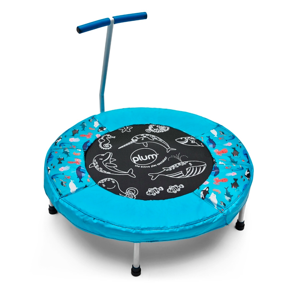 Plum Junior Ocean Bouncer Trampoline with Ocean-Themed Sounds – Safe Spring-Free Indoor Trampoline for Toddlers 18 Months+ | Soft-Grip Handle | Motion-Activated Sea Animal Sounds | Max Weight 25kg