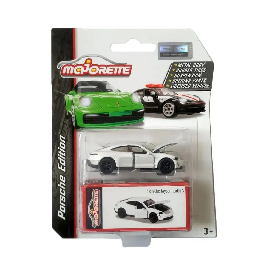 Majorette Porsche Edition: Porsche Taycan Turbo S | Officially Licensed 1:64 Scale White Die-Cast Car with Opening Parts, Rubber Tires, and Collector's Box