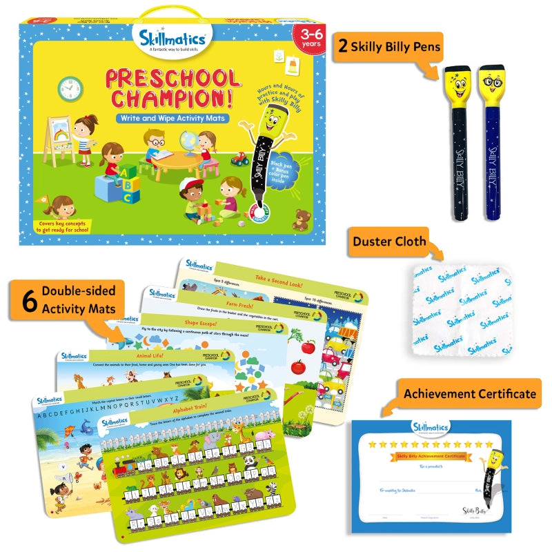 Skillmatics Preschool Champion: Write & Wipe Reusable Activity Mats for Kids Ages 3-6 | Master Key Concepts for School Readiness with 17 Engaging Activities