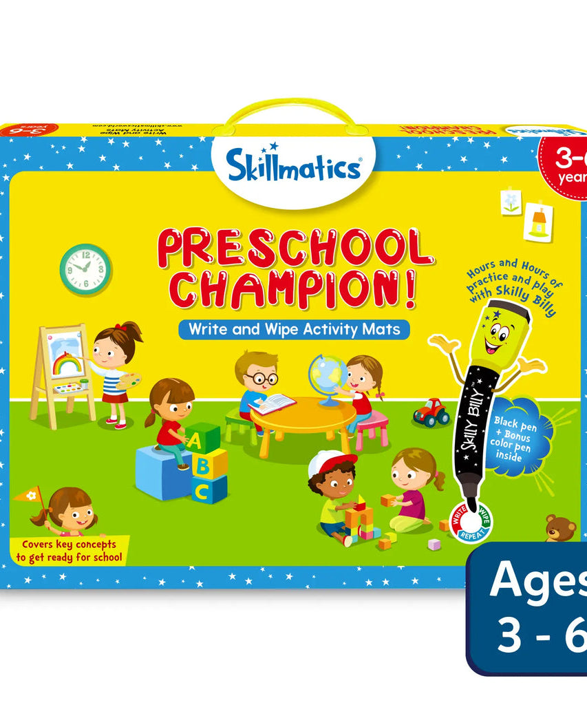 Skillmatics Preschool Champion: Write & Wipe Reusable Activity Mats for Kids Ages 3-6 | Master Key Concepts for School Readiness with 17 Engaging Activities - MINIMEE KIDS