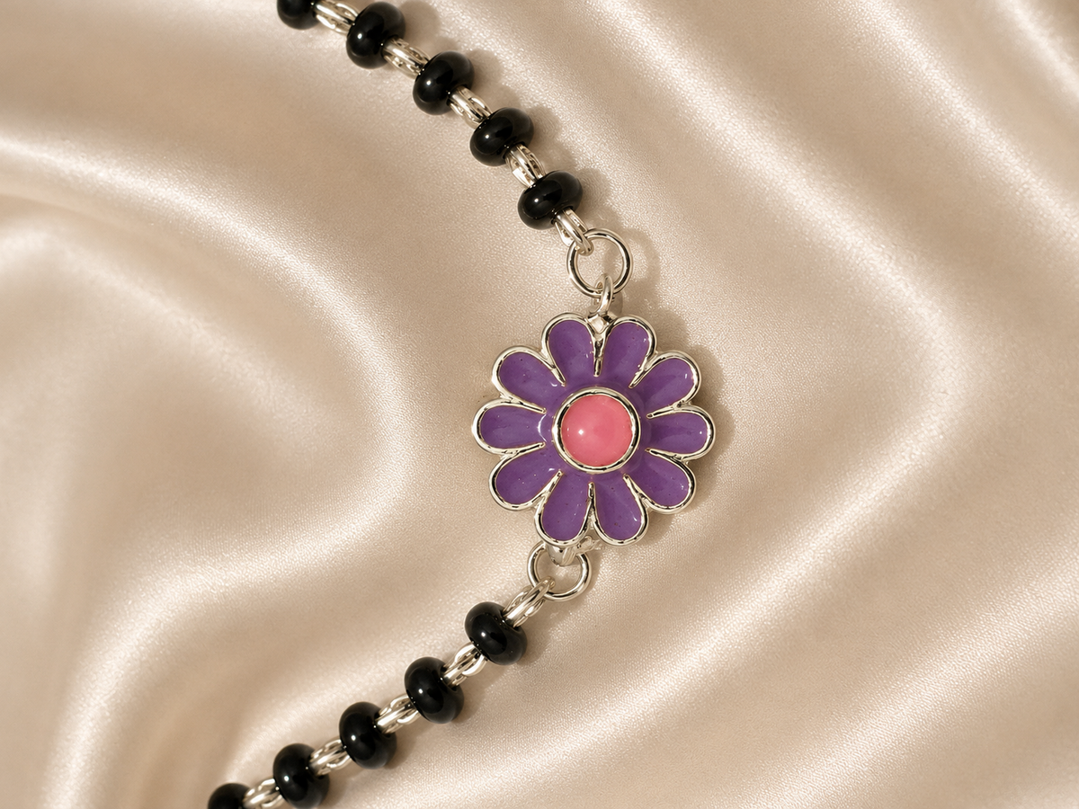 Purple Blossom Daisy Enamel Nazariya - 925 Sterling Silver Protective Flower Bracelet for Kids